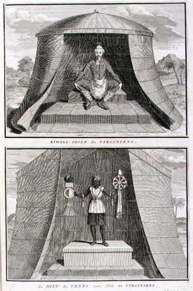 Kiwasa en de god van de winden, afgoden van de Virginians, illustratie uit 
