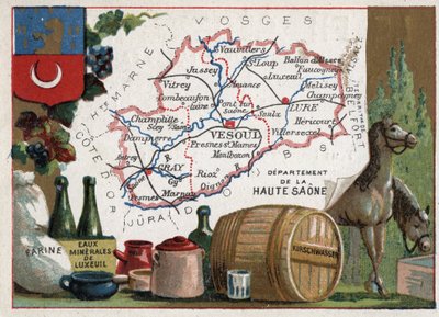 La Haute-Saone, Franche Comte, Frankrijk. Meel, Luxeuil Minerales, kirschwasser. Serie over de Franse departementen. Chromolithografie "de geografische draad", circa 1920. Privécollectie door French School