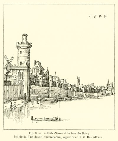 De Porte-Neuve en de toren van het Bos; facsimile van een eigentijdse tekening, behorend tot M Destailleurs door French School