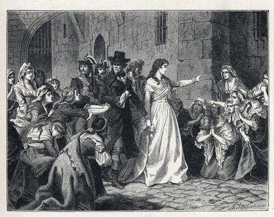 De Terreur tijdens de Franse Revolutie: Madame Jeanne Marie Roland de la Platiere (1754-1793) verlaat de Concierge gevangenis om voor het Revolutionaire Hof te verschijnen in 1793. Haar medegevangenen knielen op haar pad. door French School