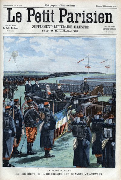 De revue van Amilly: De president van de Franse republiek Emile Loubet bij de grote manoeuvres- in 