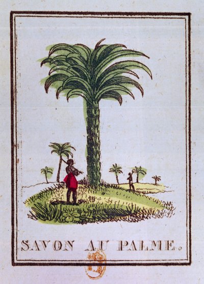 Etiket voor een palmoliegeurende zeep, met een palmboom door French School