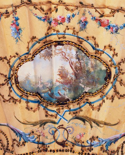 Landschap, detail van handwaaier die Rust tijdens de jacht afbeeldt, geschilderd zijde en been, gemaakt door Felix Alexandre, Parijs, ca. 1870, Frankrijk door French School