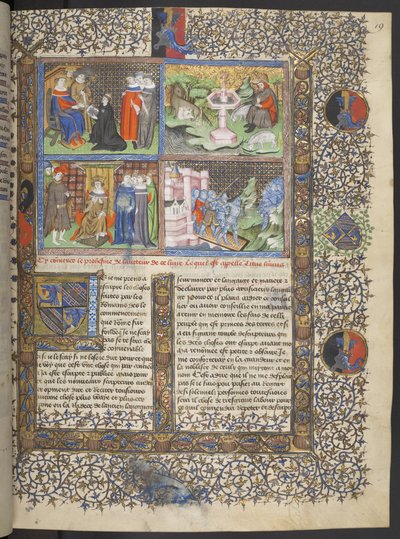 Miniaturen inclusief detail van ridders in helmen met vizieren op een ophaalbrug die een stad verdedigen tegen aanvallende ridders met speren, ca. 1415-20 door French School