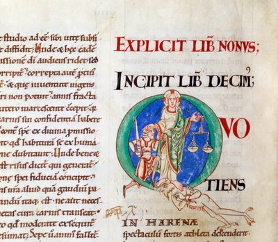 Laatste oordeel Christus verwelkomt job letter "Q" (lettrine). Miniatuur uit het manuscript "Moralia in Job", van de abdij van Citeaux door French School