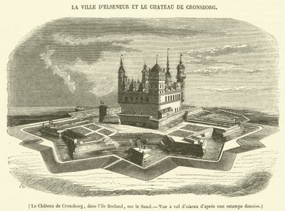 Kasteel Cronsborg, op het eiland Seeland, op de Sund, vogelvlucht (gravure) door French School
