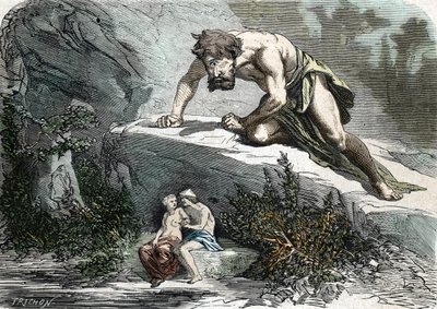De Cycloop Polyphemus verrast Galatea en Acis (gravure) 1864 door French School
