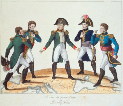 Het Spel van de Vier Hoeken of De Vijf Broers, Bonapartistische cartoon met Napoleon en zijn broers, 1808 door French School