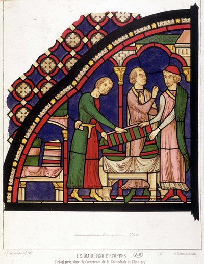 De stoffenhandelaar (detail) uit de ramen van de kathedraal van Chartres (facsimile van een glas-in-loodraam uit de 13e eeuw) door French School