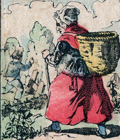 Le Pere Fouettard, Franse figuur voor de geselende vader, legendarische figuur uit de folklore die stoute kinderen straft: zijn vrouw, La Mere Fouettard de geselende moeder die kinderen achtervolgt die spijbelen - Epinal afbeelding door French School