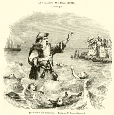 De oude man met twee fluiten (gravure) door French School