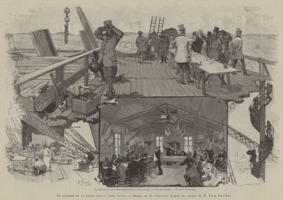 Perslunch op de Eiffeltoren (gravure) door French School