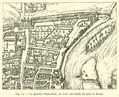 De wijk Saint-Paul, in 1530, facsimile van het plan van Braun door French School