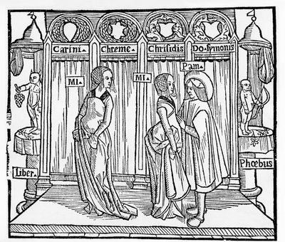 Het theater in de Middeleeuwen: drie personages op het toneel - gravure door Térence de Jean Trechsel, uitgegeven in Lyon door French School