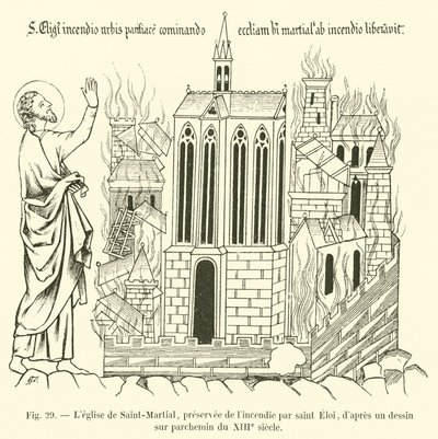 De kerk van Saint-Martial, gered van brand door Saint Eloi, naar een tekening op perkament uit de 13e eeuw door French School
