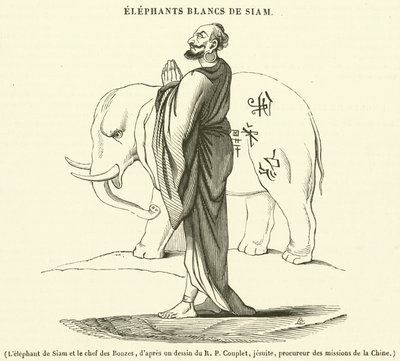 De Siamese olifant en het opperhoofd van de Bonzes (gravure) door French School