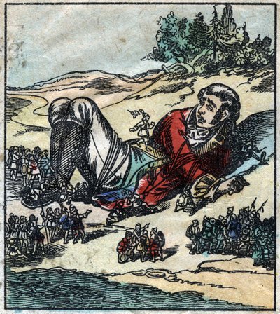 Lemuel Gulliver werd wakker na zijn schipbreuk en werd gevangengenomen door de Lilliputters. Illustratie voor "Gulliver