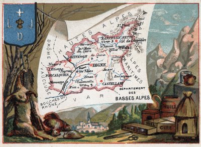 Les Basse Alpes (Basse-Alpes), tegenwoordig departement van de Alpes-de-Haute-Provence (Alpes de Haute-Provence 04), Frankrijk. Lokale specialiteit: jacht, was, honing, gedroogde vruchten en olie. Serie over de Franse departementen. Chromolithografie 