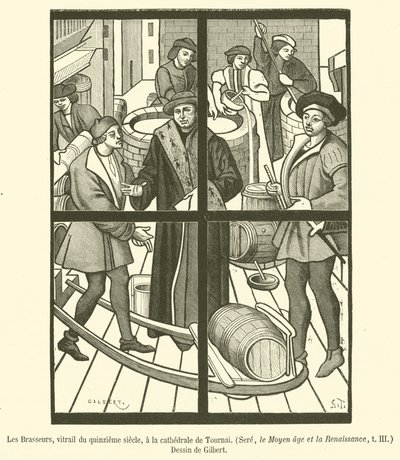 De brouwers, glas-in-loodraam uit de vijftiende eeuw, in de kathedraal van Doornik door French School