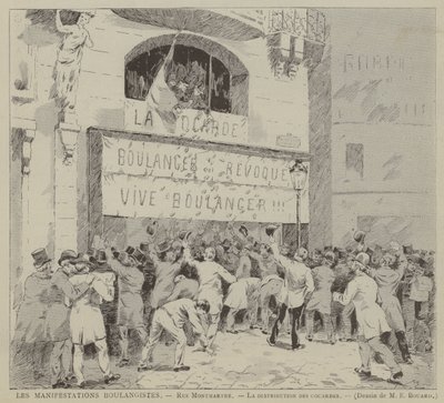 Les Manifestations Boulangistes, Rue Montmartre, La distribution des cocardes (gravure) door French School