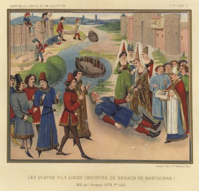 De vier zonen van Aimon, moord op Renaud de Montauban (kleur litho) door French School