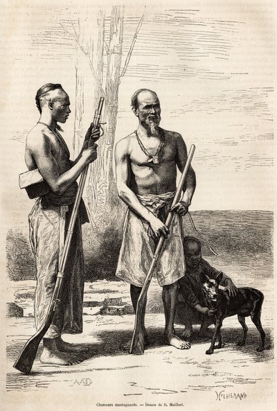 De bergjagers van het eiland Formosa, gravure naar een tekening van D. Maillard, ter illustratie van de reis naar China, door J. Thompson, in 1870-1872, gepubliceerd in Le tour du monde, 1875, onder redactie van Edouard Charton, Hachette editie, Parijs. Se door French School