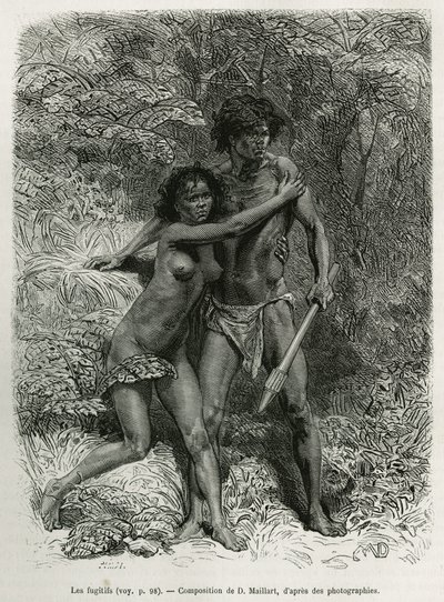 De vluchtende aboriginals, gravure naar een tekening van D. Maillart, ter illustratie van het verhaal zes maanden in Australië, door Désiré Charnay, een missieopdracht van het Ministerie van Openbaar Onderwijs, in 1878, gepubliceerd in de tour du monde, on door French School