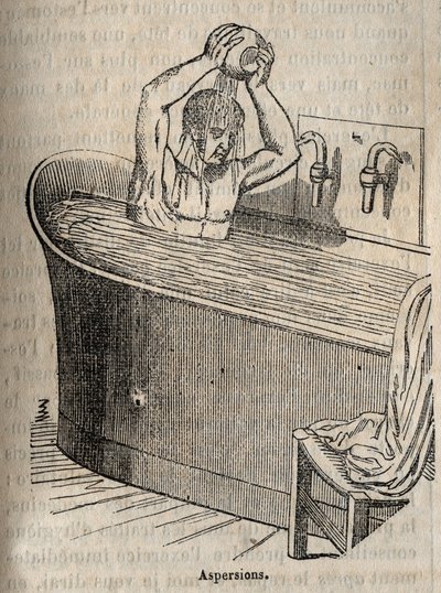 De gebaren van het bad - Hygiëne in de 19e eeuw - man in een badkuip - gravure in 