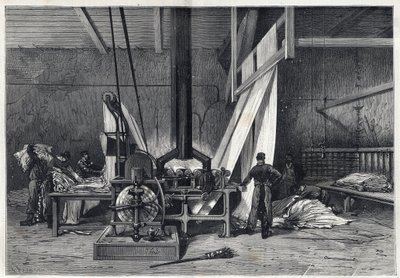 De grote fabrieken - Verven erie Boutarel in Clichy la Garenne - Het weefsel van de stoffen - gravure uit 1869 door French School