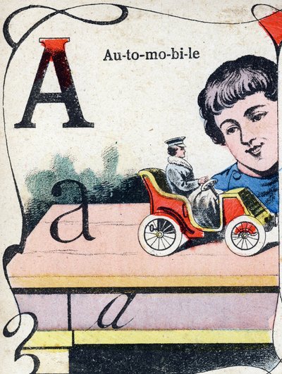 Letter A: Automobiel. Gravure in "ABC des joux pour petits boys". Beeldvorming van Pont-a-Mousson, Louis Vagne, drukker-uitgever, eind 19e eeuw. Afm: 32,5x25 cm door French School