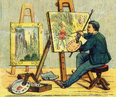 Letter A: schilder in zijn atelier. Gravure in "ABC indechirable op gelakt canvas". A. Capendu, uitgever, Parijs, eind 19e eeuw. Kinderboekwinkel geïllustreerd. 8 pagina