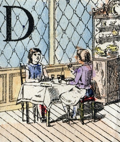 Letter D, meisje speelt dinette. ABC van de kleine meisjes. Epinal beeld door French School