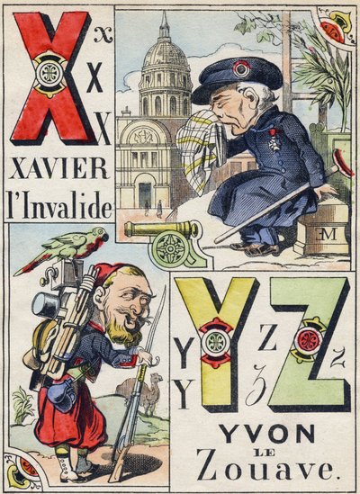 Letters X Y Z: Xavier de invalide en Yvon de Zouaaf. Gravure in "Comic Military Alphabet". Vijfde serie. Epinal beeld, eind 19e eeuw door French School