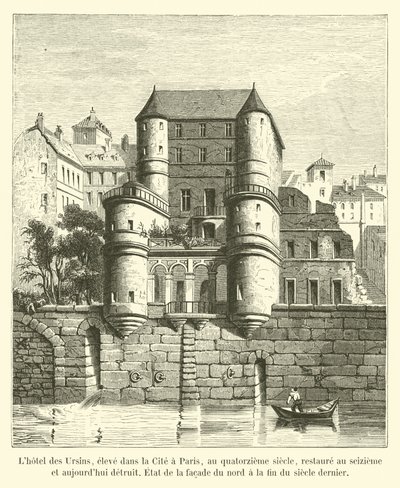 Het Ursins Hotel, gebouwd in de stad Parijs, in de 14e eeuw, gerestaureerd in de 16e eeuw en nu vernietigd, toestand van de noordgevel aan het einde van de vorige eeuw door French School
