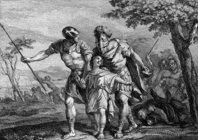 Bevrijding van Childebert II (570-596), koning van Austrasië, 575: zoon van Childebert I en Brunehilde (Brunehaut), hij was meegenomen door zijn oom, Chilperic I, bij de dood van zijn vader. Gravure uit de 18e eeuw. door French School