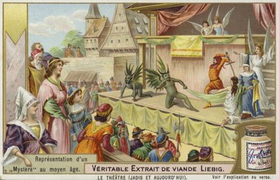 Liebig-kaart met een voorstelling van een middeleeuws mysterie door French School