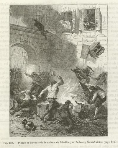 Plundering en verbranding van een huis tijdens de Franse Revolutie door French School