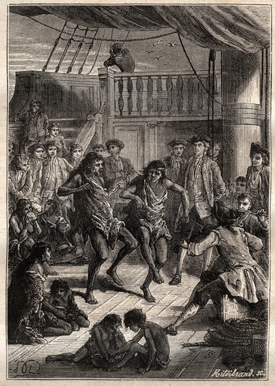 Louis Antoine, Graaf van Bougainville (1729-1811) ontving de inwoners van de Baai Fortescue (Straat van Magellaan) in zijn boot 