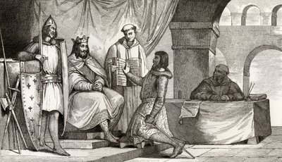 Lodewijk II (848-79) de Stotteraar ontvangt een eed van trouw van een edelman, uit 