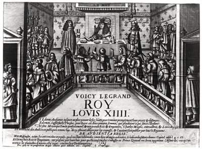 Lodewijk XIV (1638-1715) die recht spreekt (xylografie) door French School