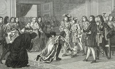 Lodewijk XIV (1638-1715) de Zonnekoning presenteert zijn kleinzoon Filips V (1683-1746) aan de Spaanse gezanten, uit 