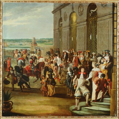 Louis XIV voor de grot van Thetis in de tuinen van Versailles ... door French School