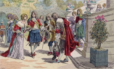 Lodewijk XIV van Frankrijk en zijn hof in Versailles (kleurenlitho) door French School