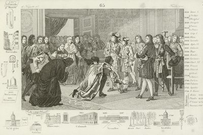 Lodewijk XIV presenteert zijn kleinzoon, Filips V, aan de Spaanse gezanten, als hun nieuwe koning, 1700 door French School