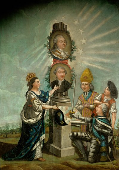 Lodewijk XVI en zijn minister van Financiën Jacques Necker, bewonderd door de drie rijken van Frankrijk, aristocratie, geestelijkheid en burgerij ... door French School
