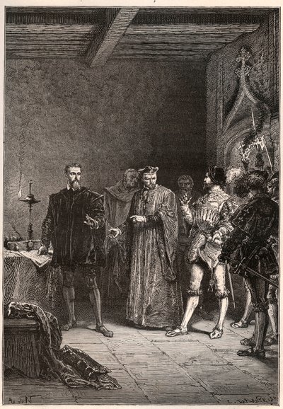 Louis de Berquin (1485-1529), ridder en humanist, religieus hervormer, bevrijd door Jean de la Barre (1523-1533) prévôt van Parijs - Louis de Berquin (links) vrijgelaten uit de gevangenis door John de la Barre - gravure uit 