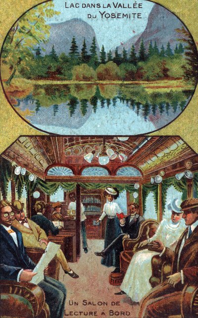 Luxe toerisme: leven van passagiers aan boord van een cruise in de leeszaal, Yosemite Valley Lake in Californië, VS door French School