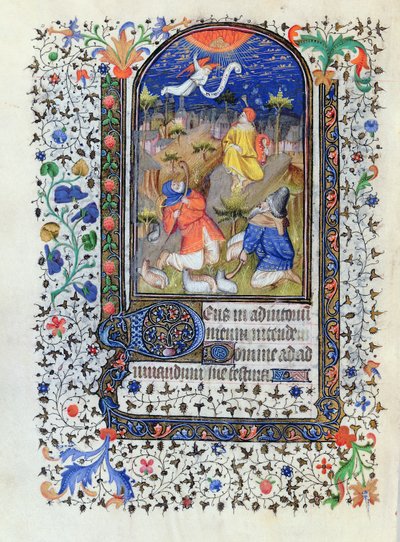 MS 1278 fol.106v Aankondiging aan de herders, uit Heures a lusage de Troyes, door het atelier van de Meester van de Rohan Uren, c.1413-20 door French School