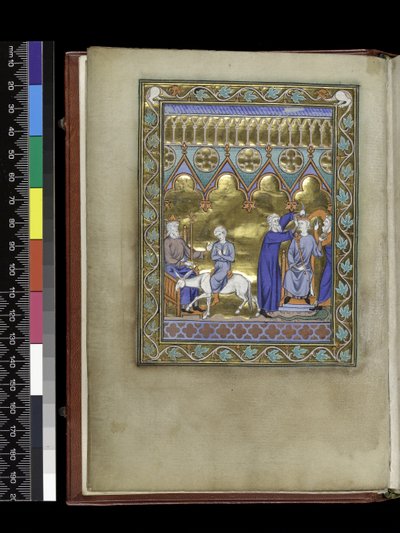 MS 300 f.Vv, David, op de troon, stuurt Salomo naar Sadoc en Nathan die hem kronen en zalven, uit het Psalter en de Getijden van Isabella van Frankrijk, Parijs, c.1265-70 door French School