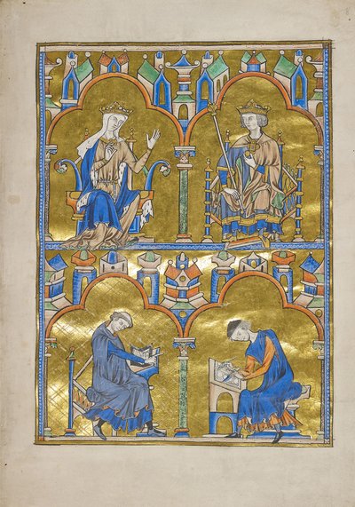 MS M.240 f.8r, Blanche van Castilië en koning Lodewijk IX van Frankrijk en onder: Auteur dicteert aan een schrijver, Bijbel van Sint Louis (Moralized Bible), waarschijnlijk Parijs door French School